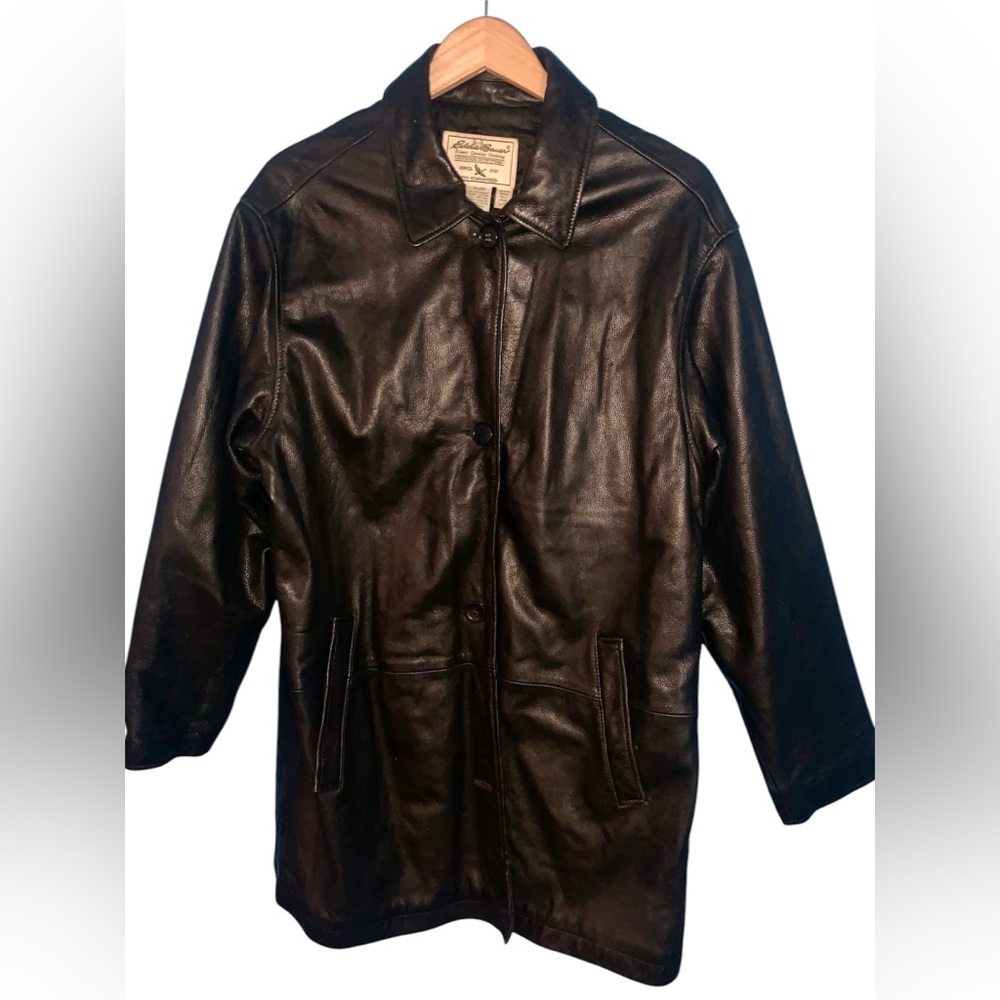 Eddie Bauer Women’s Black Genuine Leather Jacket Coat VTG Size L Tall